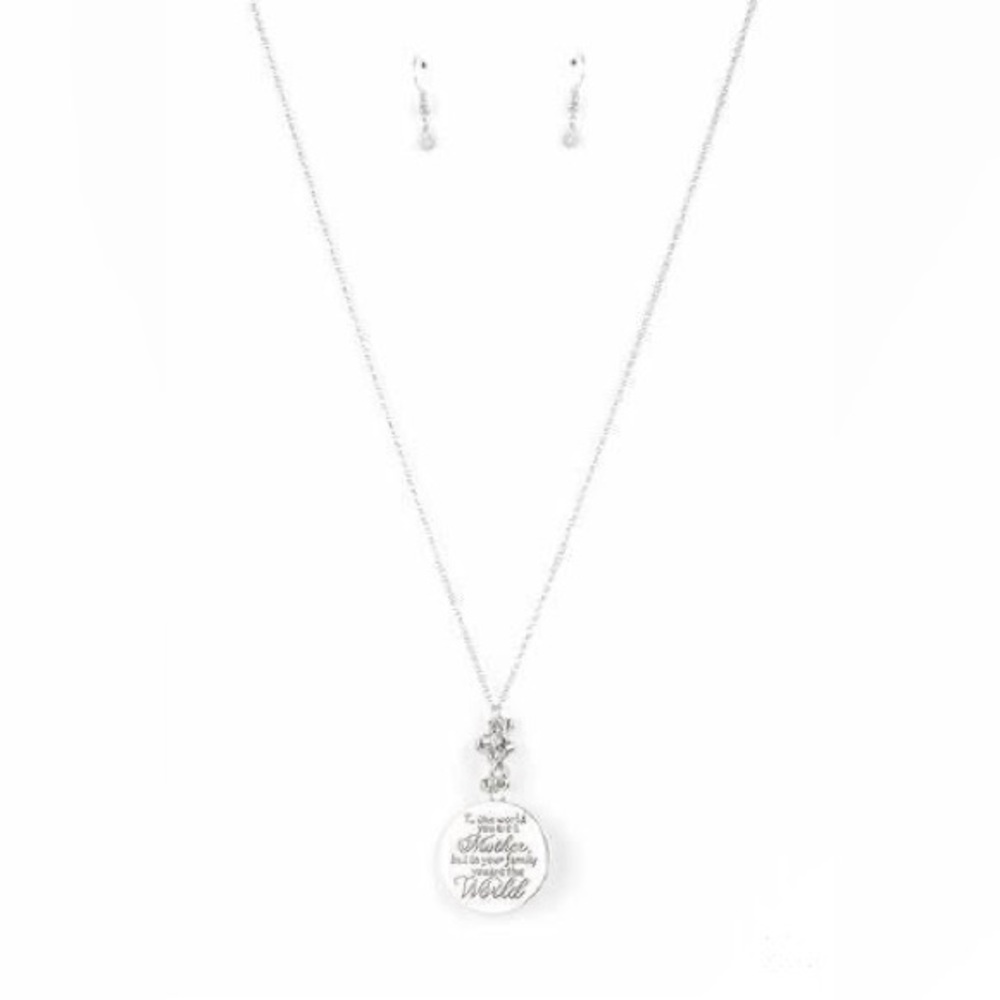 Long silver and white rhinestones “You are the world” Mom pendant necklace*